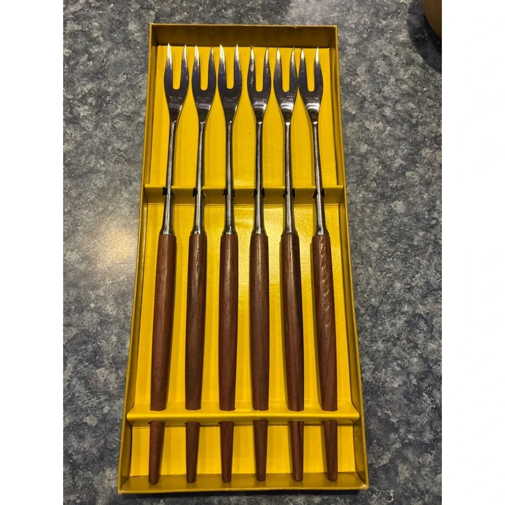 VTG Fondue Forks Fred Roberts San Francisco Wood Stainless Steel 6 Piece